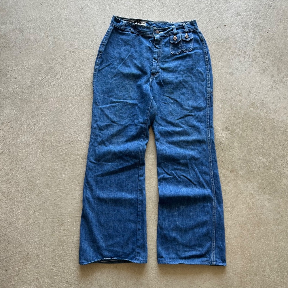 Vintage 70s Next Stop Bell Bottom Jeans Womens 16 Blue Denim Wide Leg High Waist